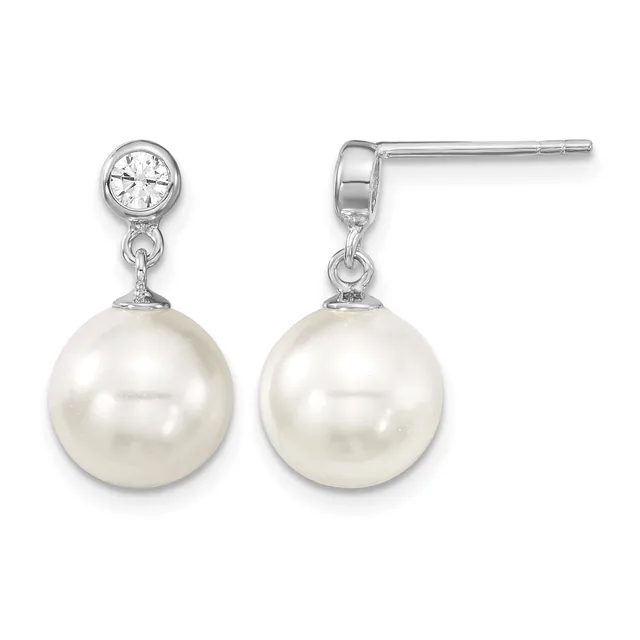 Pair of silver stud earrings with round white pearls suspended below small round cubic zirconia stones, shown from front and back views.