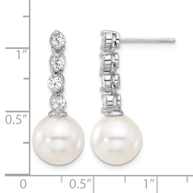 Pair of silver drop earrings with four round diamonds stacked above a white pearl, shown front and back views with a measurement scale.