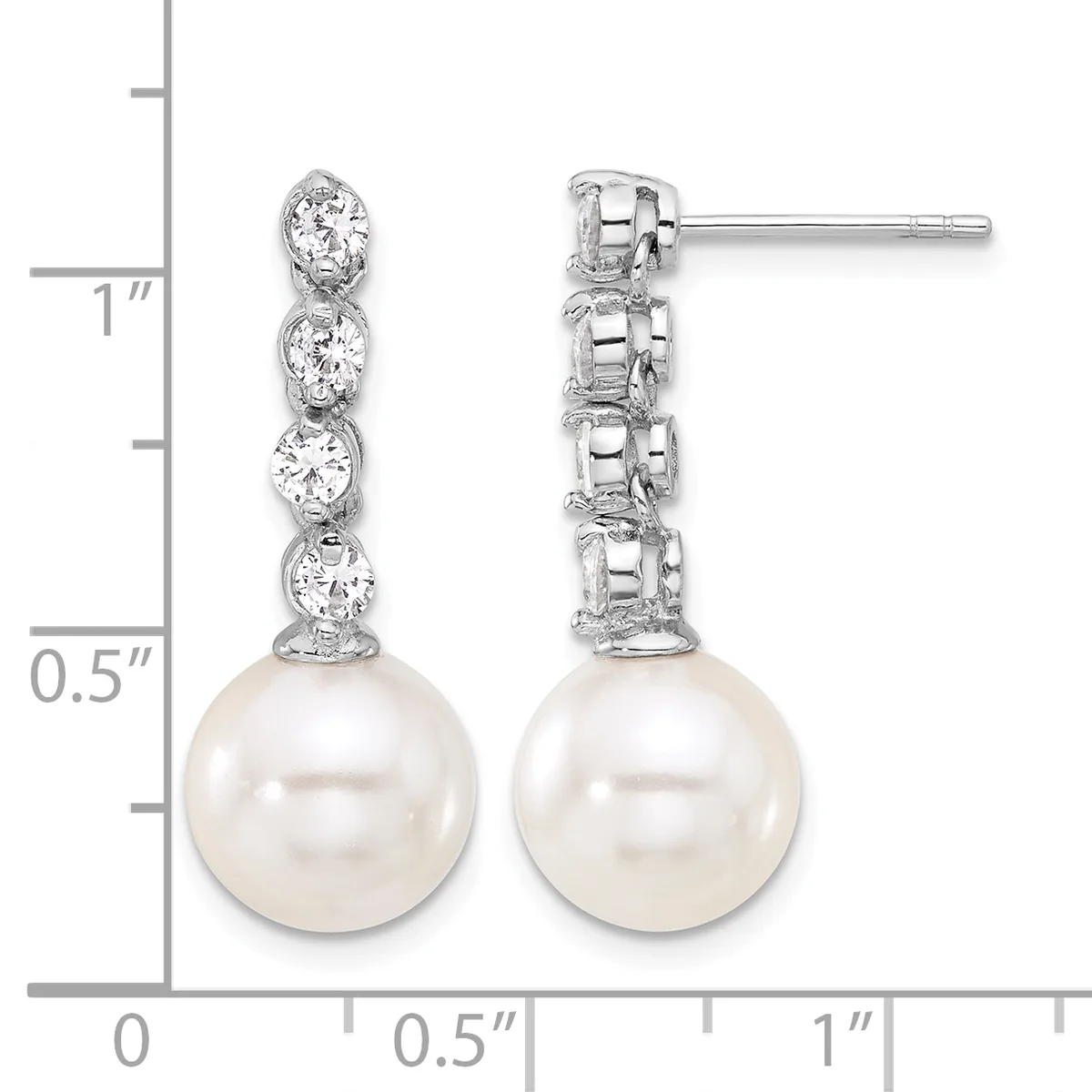 Pair of silver drop earrings with four round diamonds stacked above a white pearl, shown front and back views with a measurement scale.