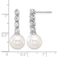 Pair of silver drop earrings with four round diamonds stacked above a white pearl, shown front and back views with a measurement scale.