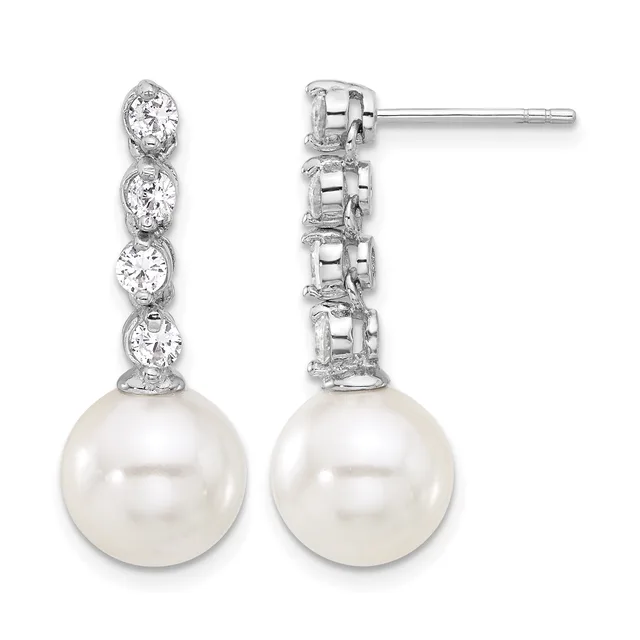 A pair of silver drop earrings with four round diamonds in a row above a lustrous white pearl, shown from front and back views.