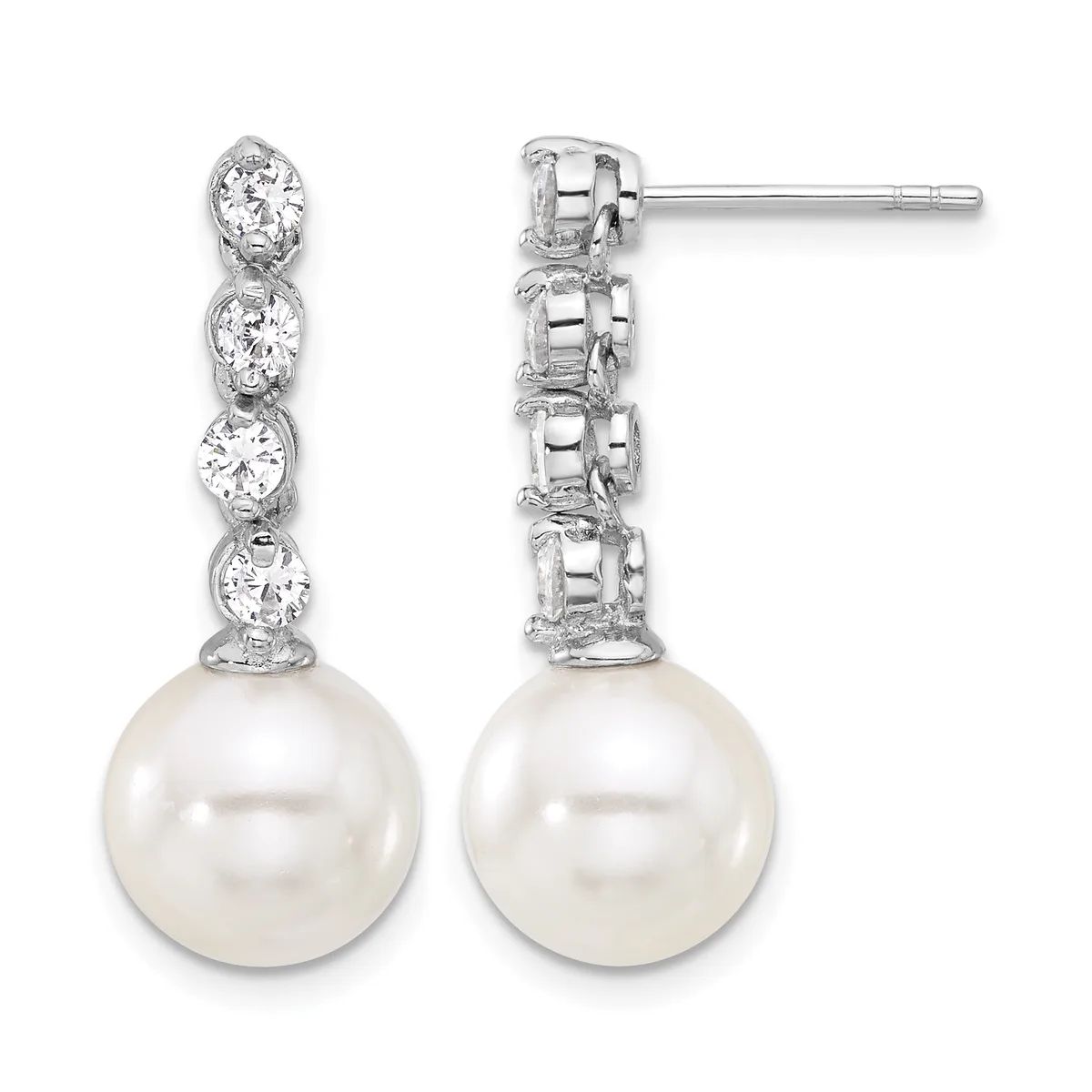 A pair of silver drop earrings with four round diamonds in a row above a lustrous white pearl, shown from front and back views.