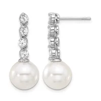 A pair of silver drop earrings with four round diamonds in a row above a lustrous white pearl, shown from front and back views.