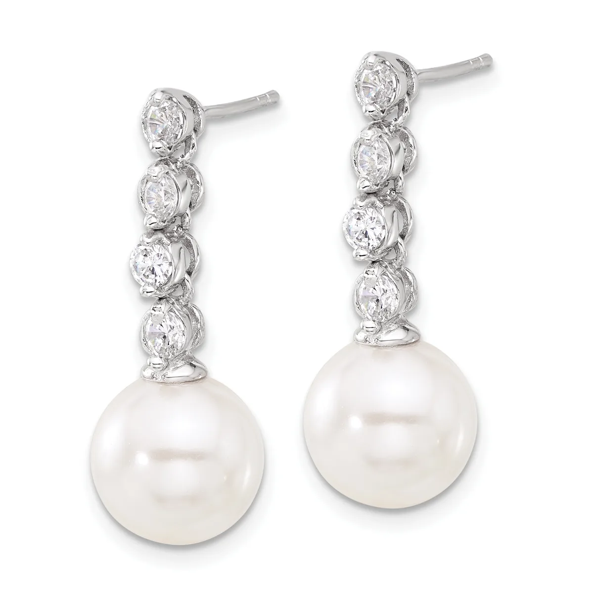Pair of silver drop earrings with diamond studs arranged vertically above white pearl spheres, displayed against a white background.