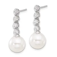 Pair of silver drop earrings with diamond studs arranged vertically above white pearl spheres, displayed against a white background.