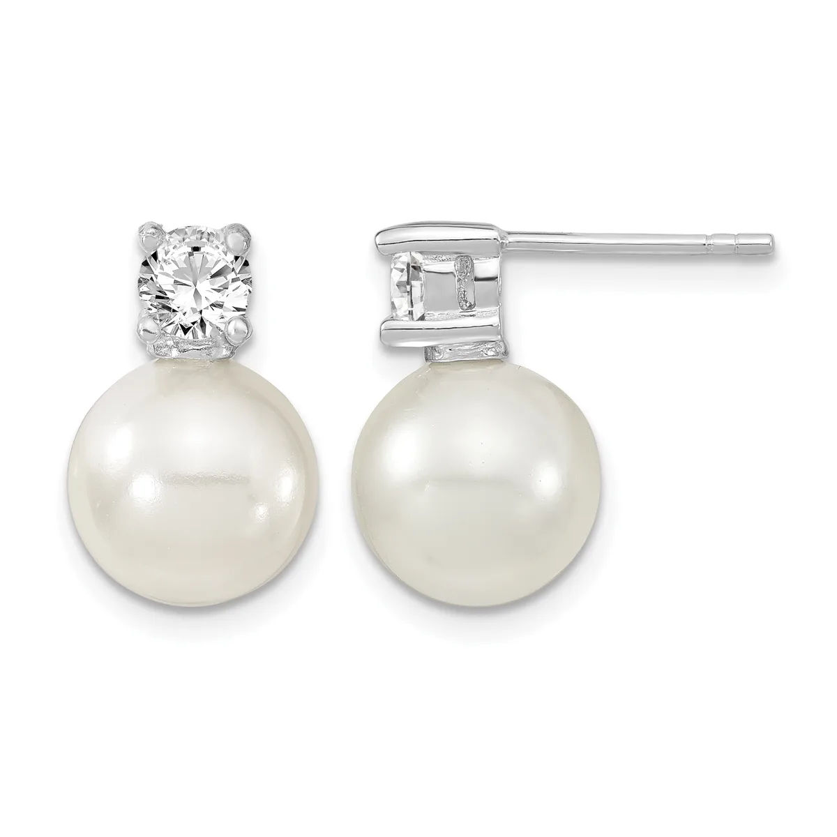 A pair of silver stud earrings featuring round white pearls suspended below cushion-cut cubic zirconia stones, shown from front and back views.
