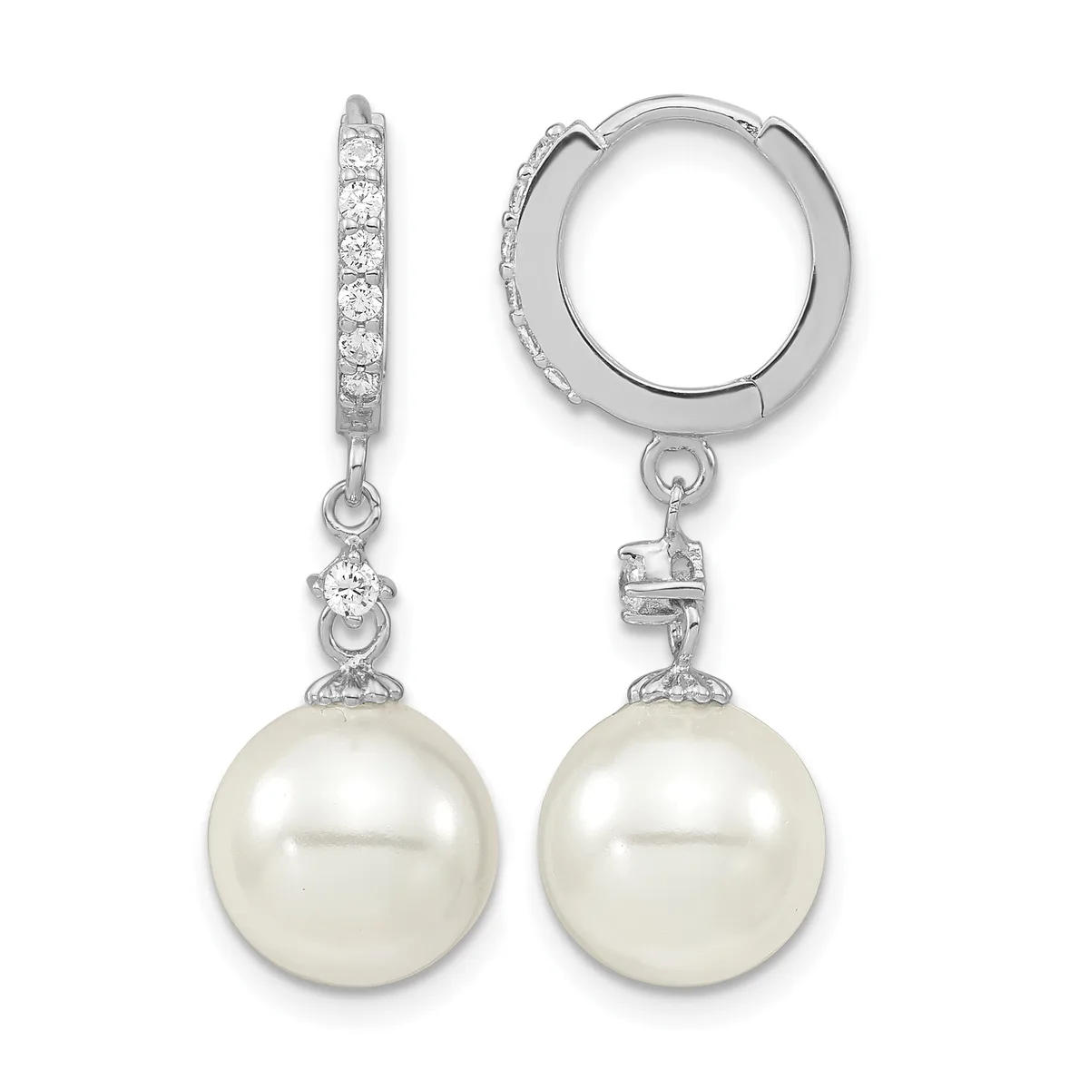 A pair of silver huggie hoop earrings with diamond-paved tops and white pearl drops, shown from the front and side.