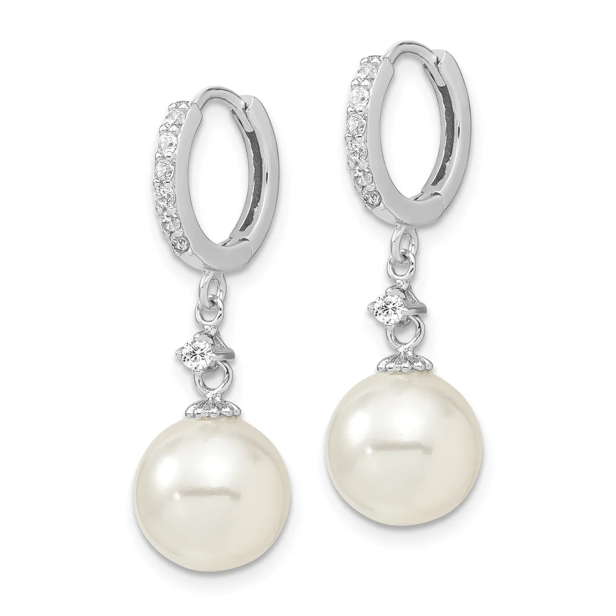 Pair of silver hoop earrings with cubic zirconia accents on the hoops and white pearl drops suspended below.