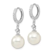 Pair of silver hoop earrings with cubic zirconia accents on the hoops and white pearl drops suspended below.