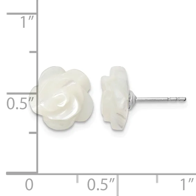 Two white rose-shaped stud earrings shown front and back view next to a measurement scale indicating approximately 0.5 inches in width.