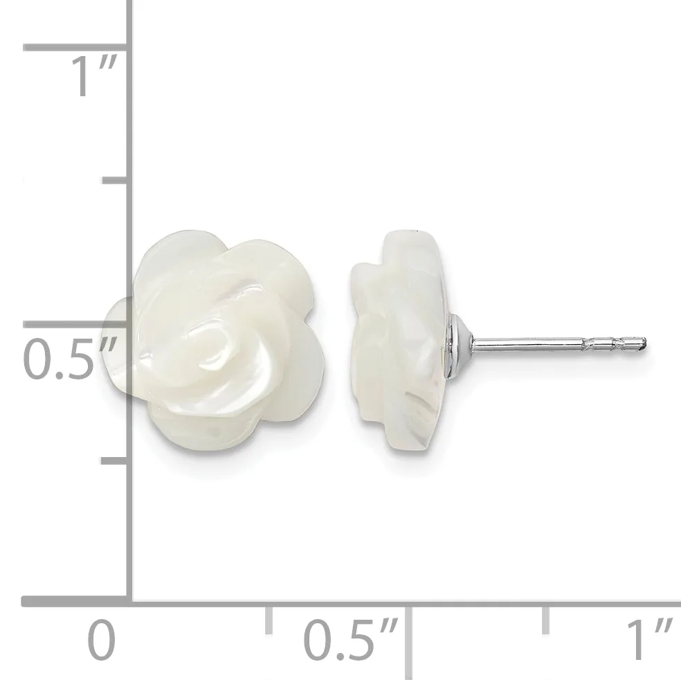 Two white rose-shaped stud earrings shown front and back view next to a measurement scale indicating approximately 0.5 inches in width.