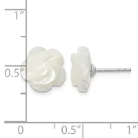 Two white rose-shaped stud earrings shown front and back view next to a measurement scale indicating approximately 0.5 inches in width.