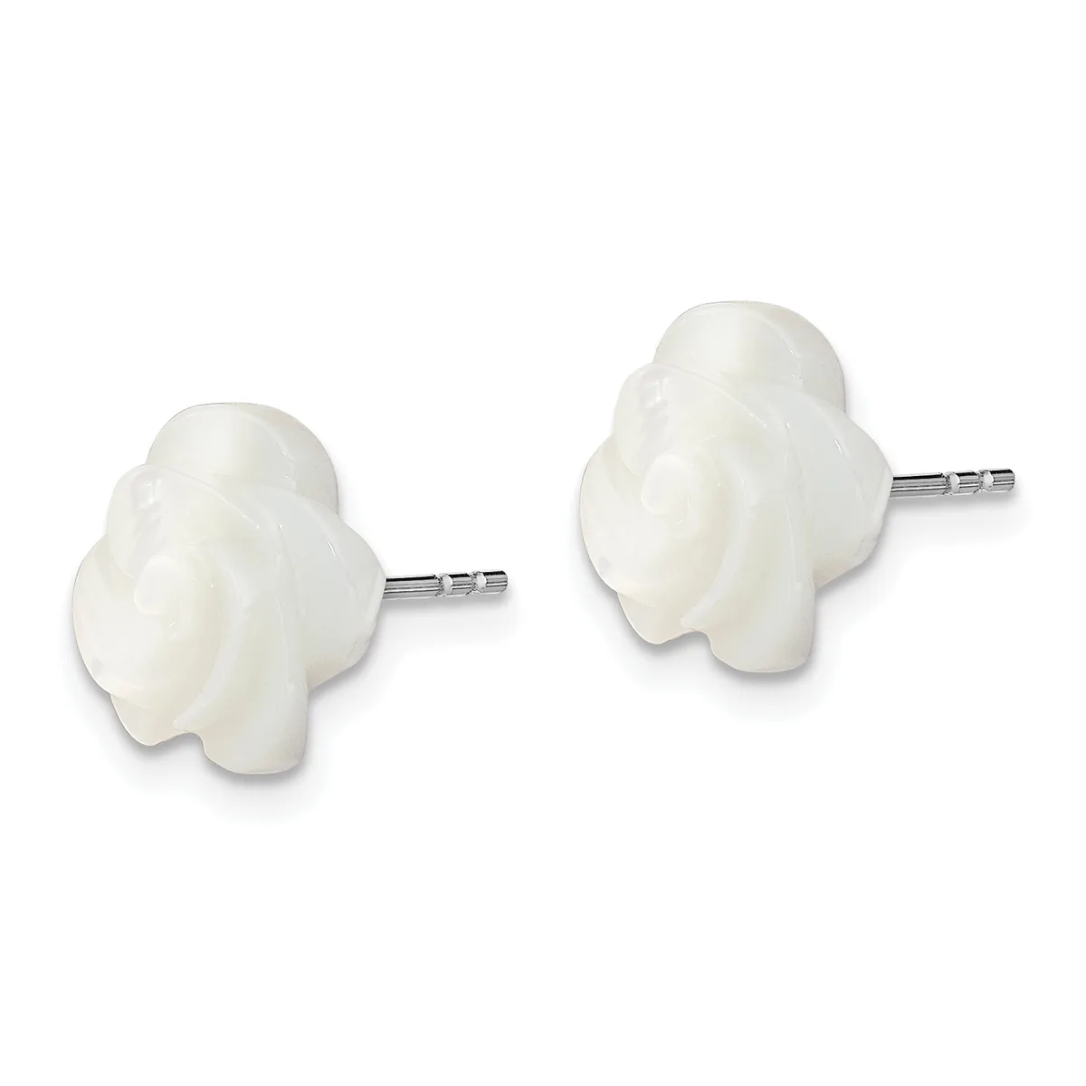 A pair of white mother-of-pearl flower-shaped stud earrings with sterling silver posts, shown from the front.