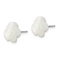 A pair of white mother-of-pearl flower-shaped stud earrings with sterling silver posts, shown from the front.