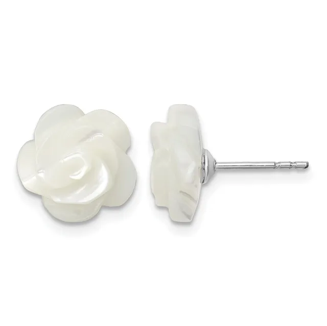 A pair of white rose-shaped stud earrings with surgical steel posts, shown from front and side angles.