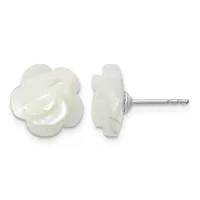 A pair of white rose-shaped stud earrings with surgical steel posts, shown from front and side angles.