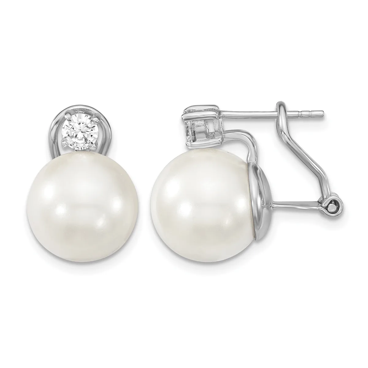 Pair of silver earrings with white pearl drops topped by round diamond studs, shown from front and side views.