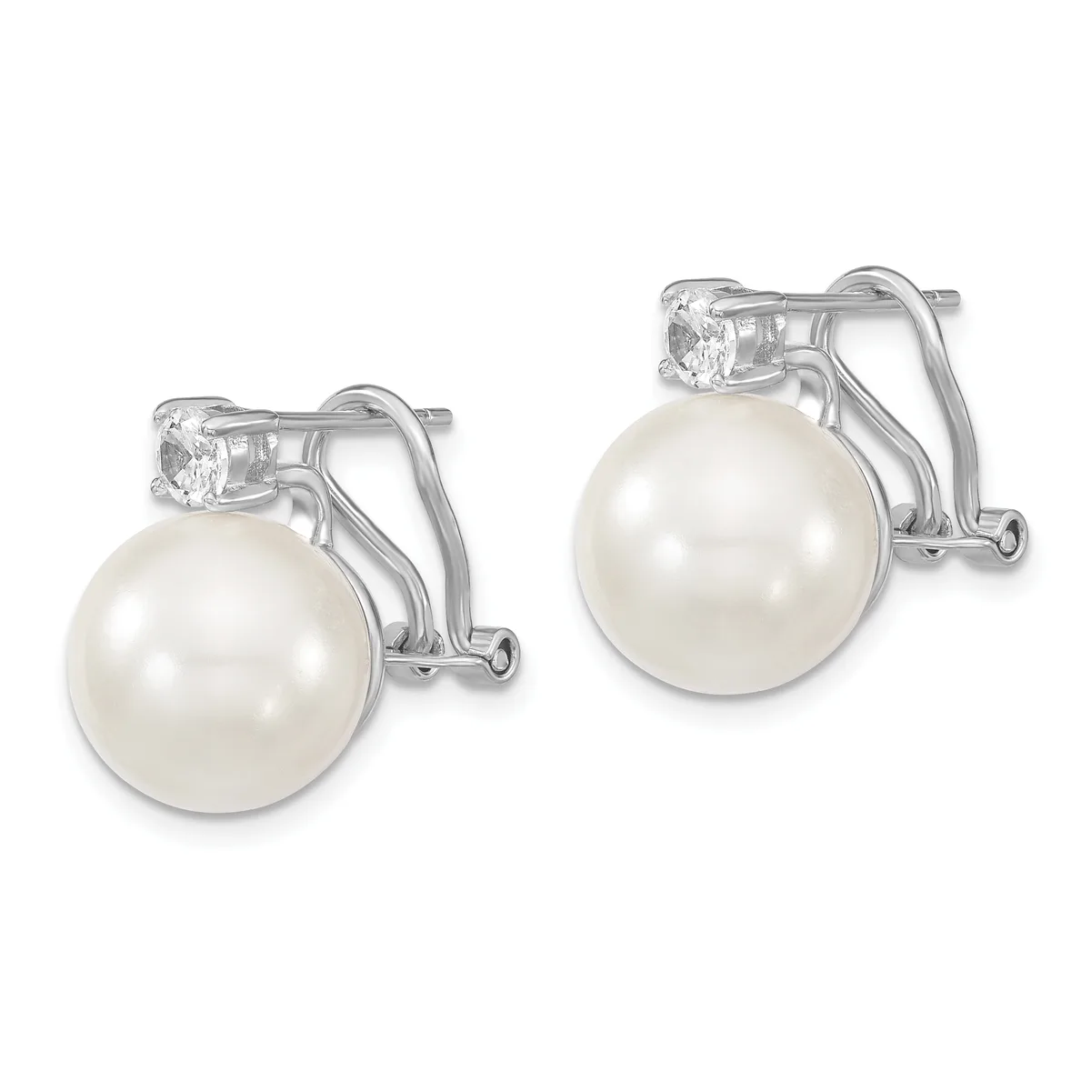 A pair of silver earrings with white pearl drops and small square-cut cubic zirconia stones mounted on curved ear wires with omega backs.