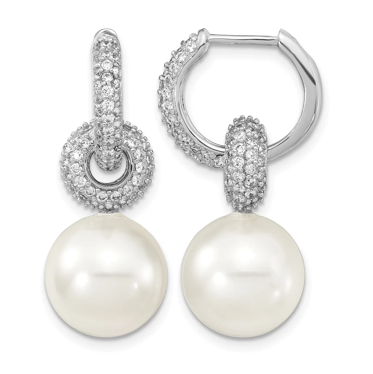 Pair of silver huggie hoop earrings with cubic zirconia pave settings and white pearl drops.