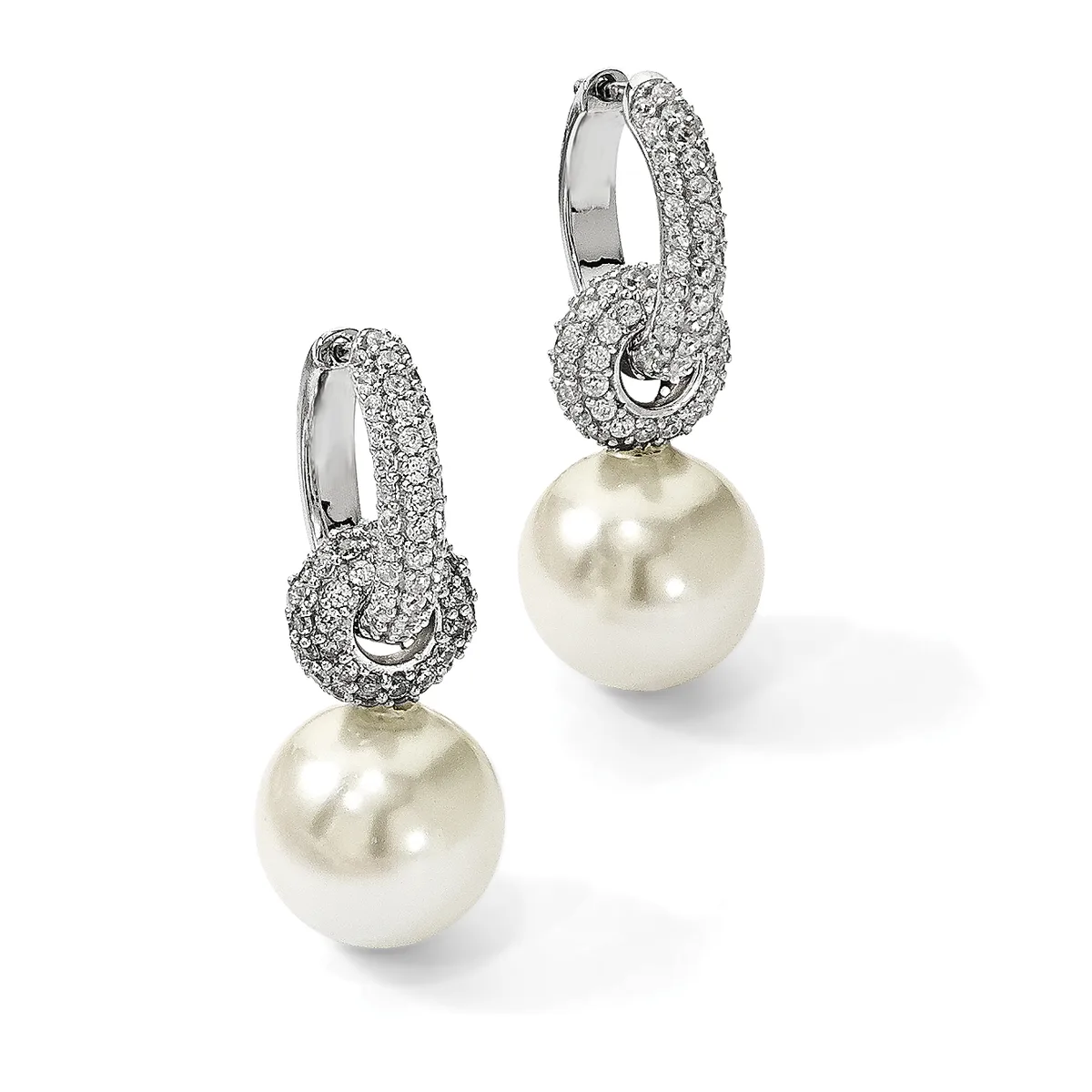 A pair of silver hoop earrings with diamond pave detailing and white pearl drops, shown from front and side angles.