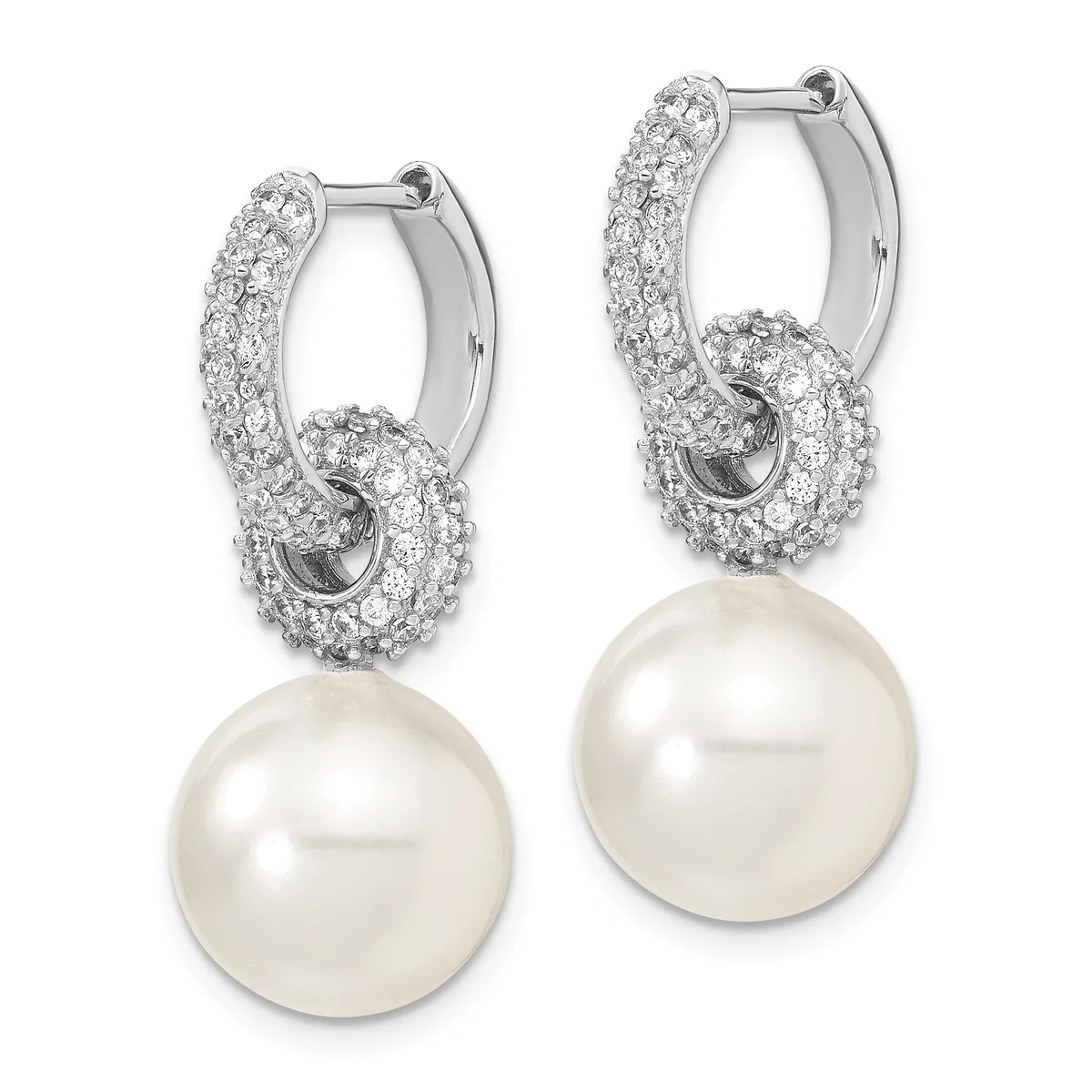 Pair of silver hoop earrings with diamond pave settings and dangling white pearl drops.