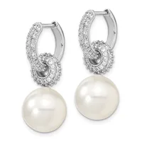 Pair of silver hoop earrings with diamond pave settings and dangling white pearl drops.