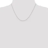 A delicate silver chain necklace displayed on a mannequin torso against a white background.