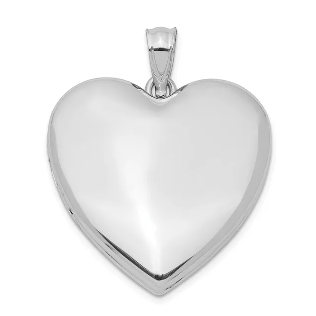 Polished silver heart-shaped locket pendant with a bail loop at the top, shown against a white background.