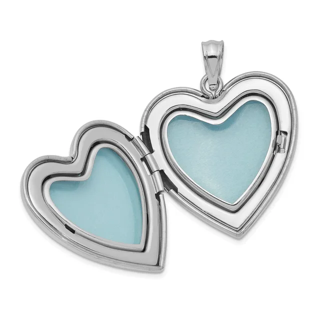 An open silver heart-shaped locket with light blue enamel panels on both sides, suspended from a small silver bail.
