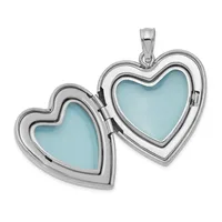 An open silver heart-shaped locket with light blue enamel panels on both sides, suspended from a small silver bail.