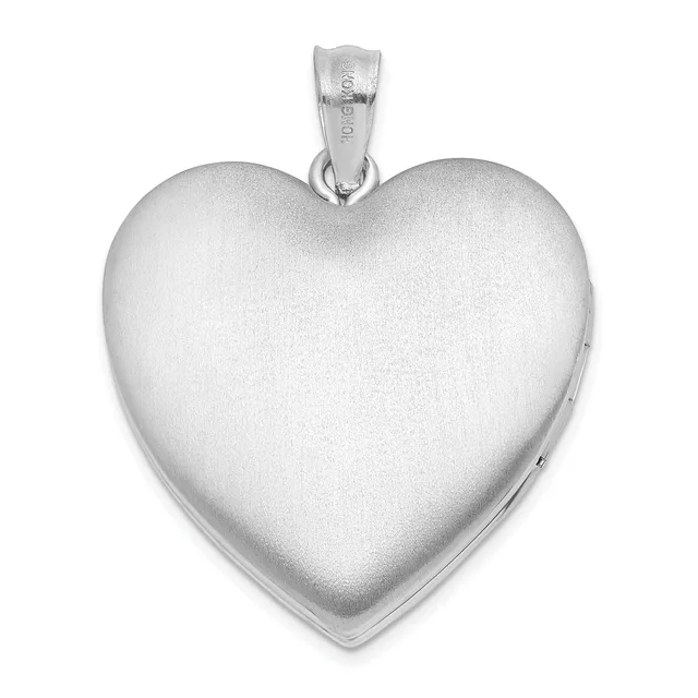 A polished silver heart-shaped locket pendant with a satin finish and small stamped hallmark, suspended from a silver bail.