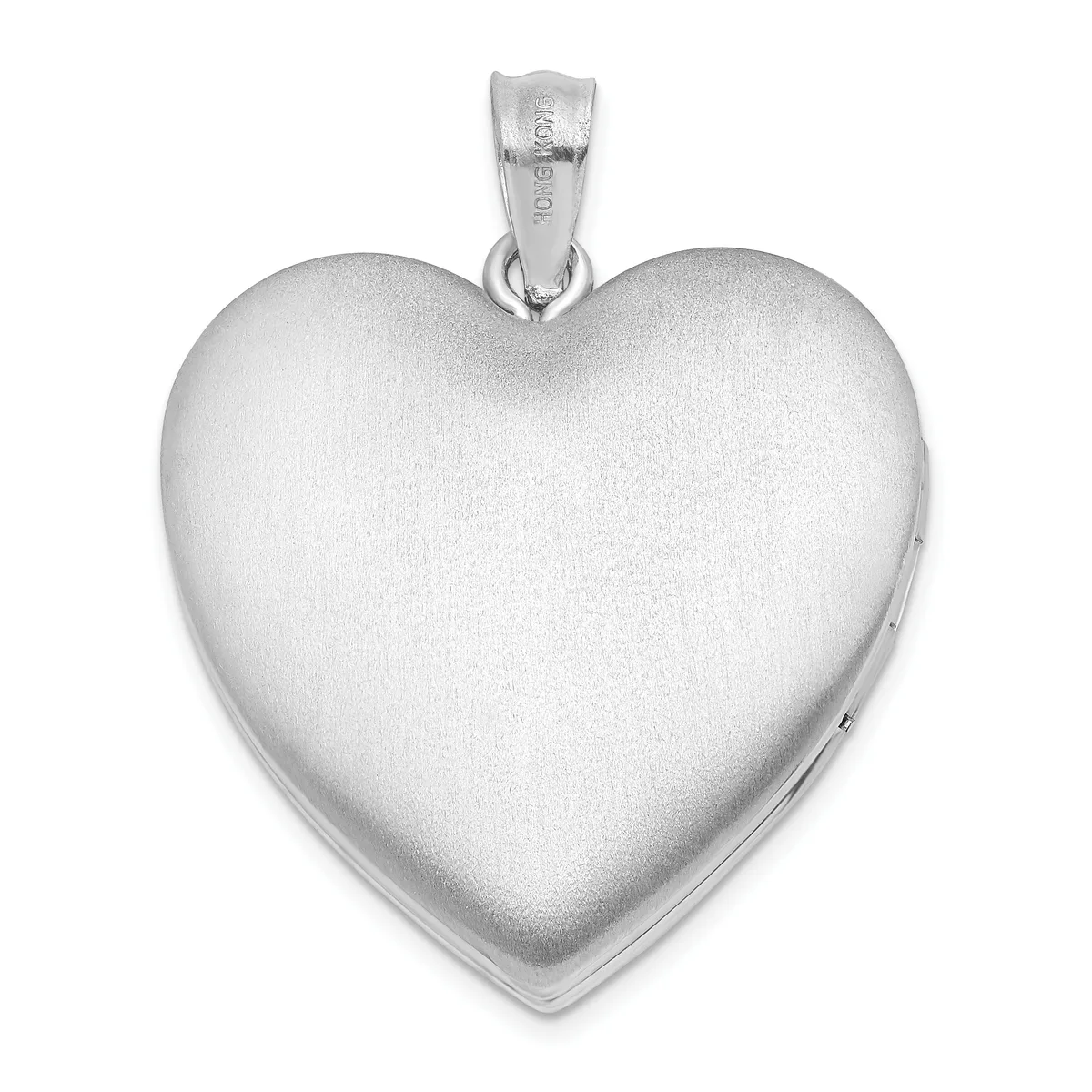 A polished silver heart-shaped locket pendant with a satin finish and small stamped hallmark, suspended from a silver bail.