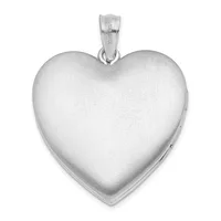 A polished silver heart-shaped locket pendant with a satin finish and small stamped hallmark, suspended from a silver bail.