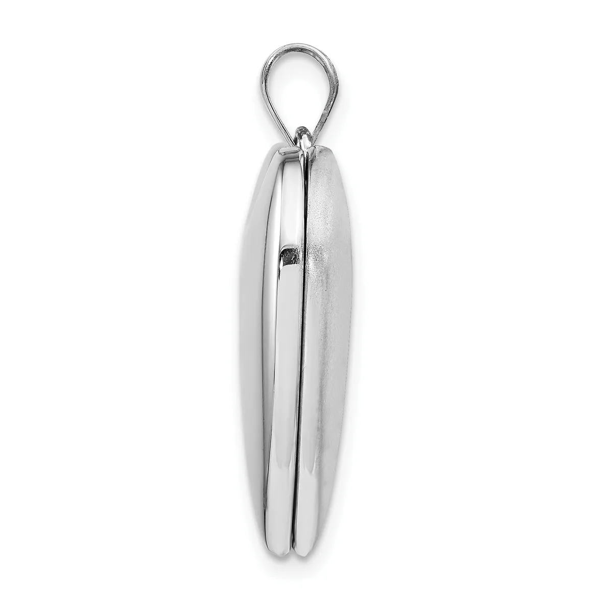 A silver-toned metal nutcracker with an elongated oval shape and a loop handle at the top, shown closed against a white background.