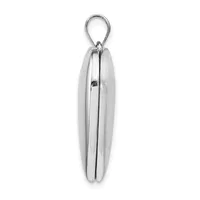 A silver-toned metal nutcracker with an elongated oval shape and a loop handle at the top, shown closed against a white background.