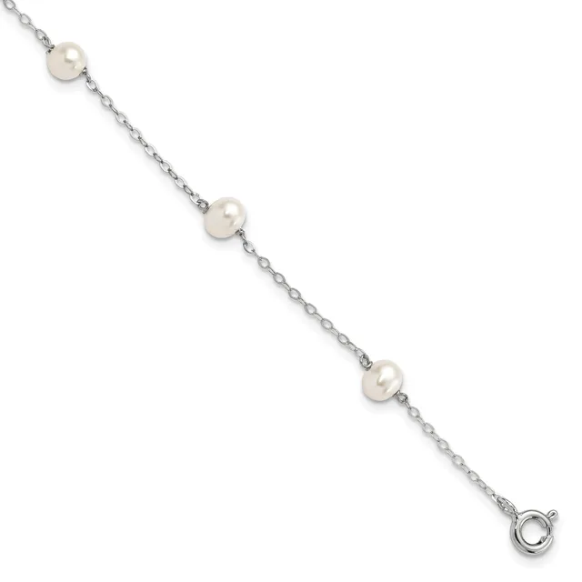 A silver chain bracelet with three evenly spaced white pearl stations and a spring ring clasp at the end.