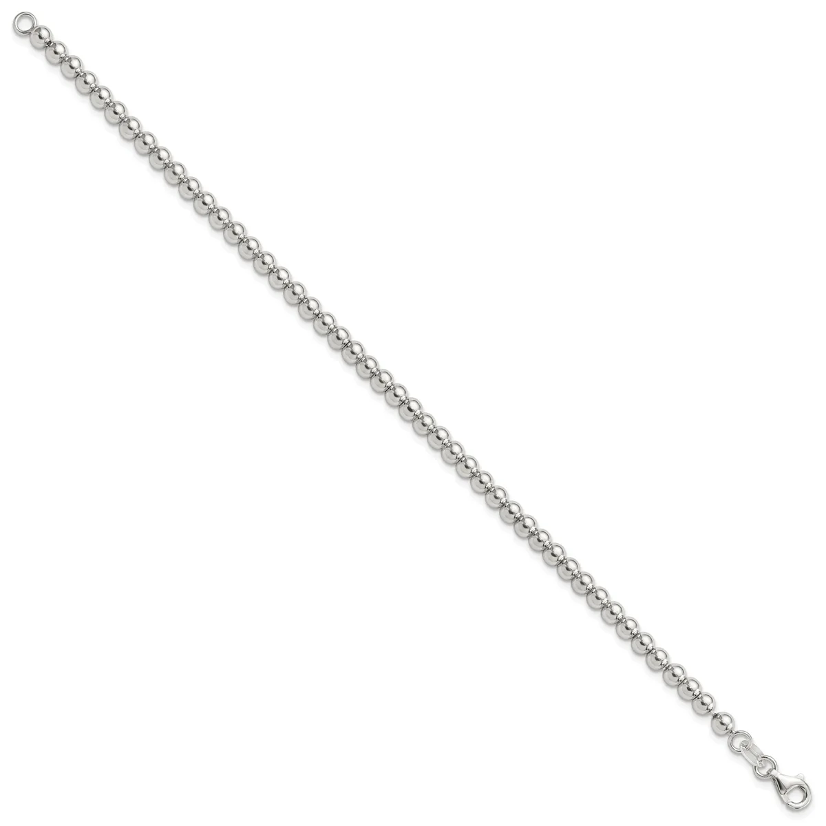 A silver-toned chain bracelet with small circular links extending diagonally across a white background, featuring a clasp at each end.
