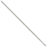 A silver-toned chain bracelet with small circular links extending diagonally across a white background, featuring a clasp at each end.