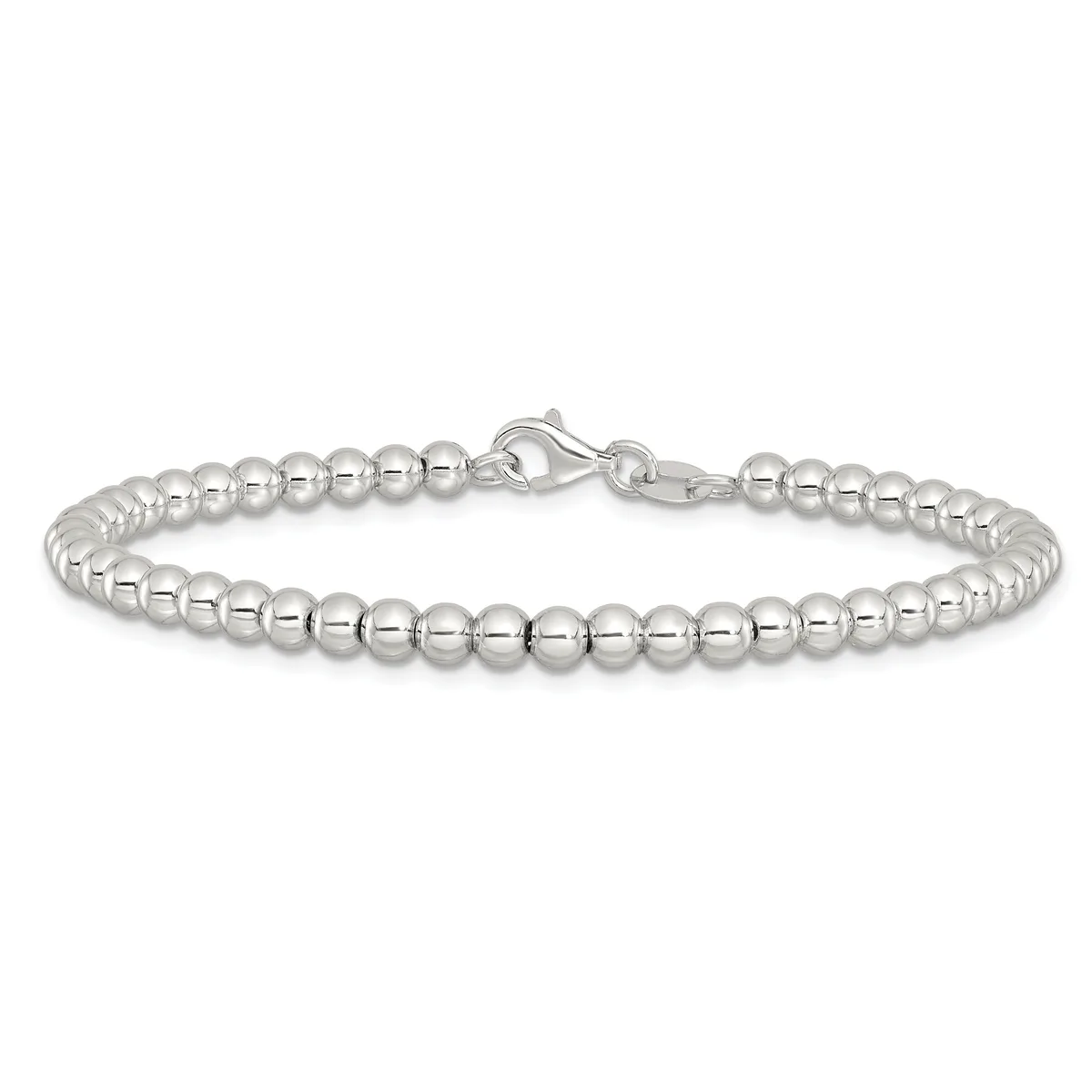 A silver beaded bracelet with uniformly sized polished spheres strung together and fastened with a lobster claw clasp.