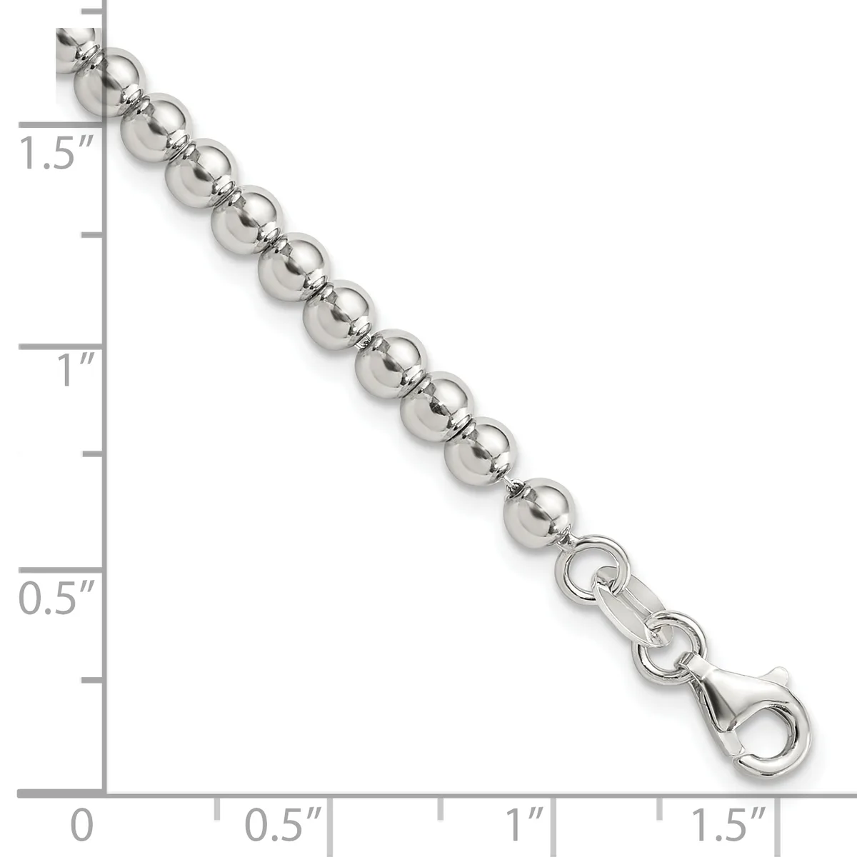 Silver-toned beaded bracelet with round polished spheres connected by small spacer rings, ending with a lobster clasp, displayed against a measurement scale.