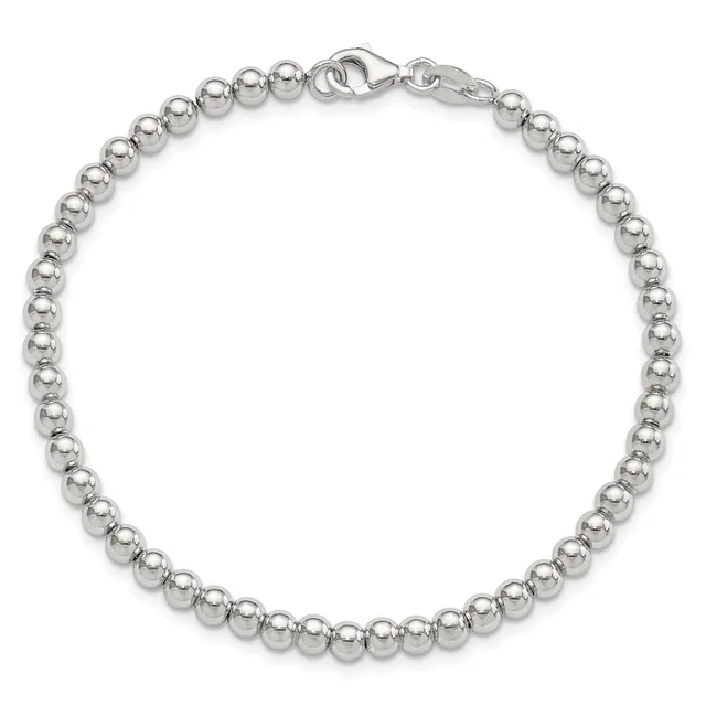 Silver beaded bracelet with uniform round beads connected in a continuous strand, featuring a lobster claw clasp closure.