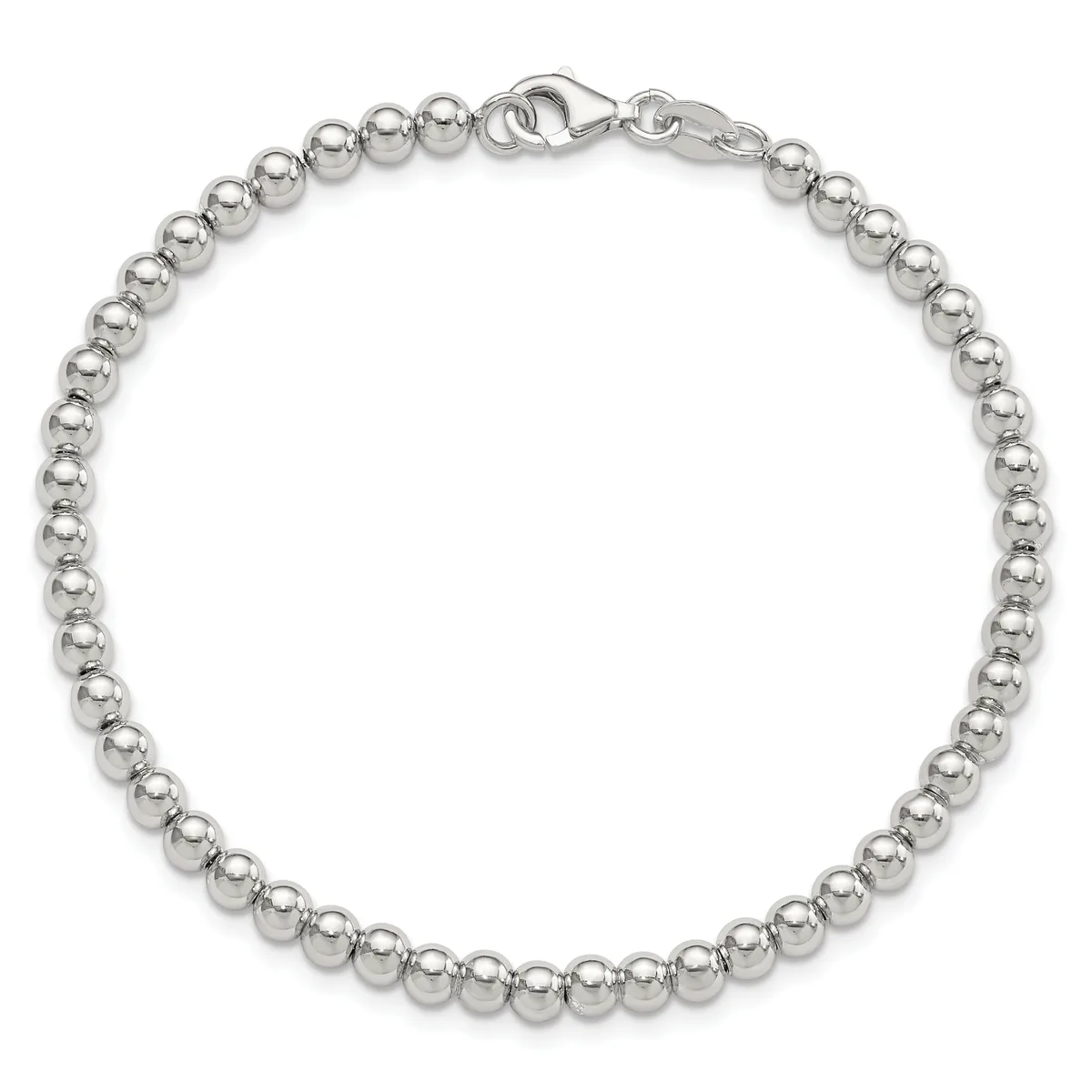Silver beaded bracelet with uniform round beads connected in a continuous strand, featuring a lobster claw clasp closure.