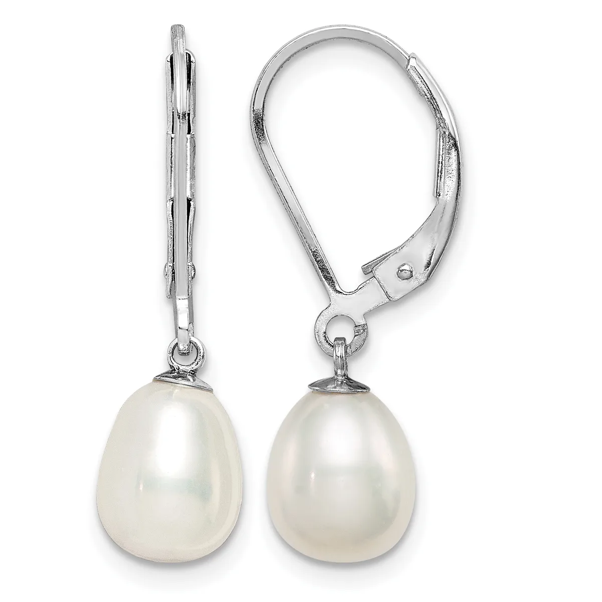 Pair of silver leverback earrings with white teardrop-shaped pearl drops, shown from front and side views.