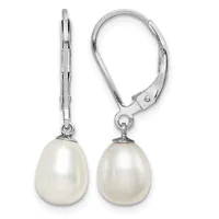 Pair of silver leverback earrings with white teardrop-shaped pearl drops, shown from front and side views.
