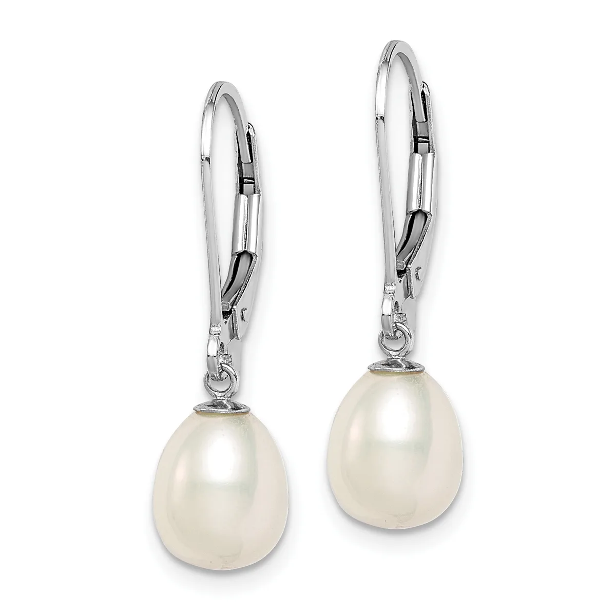 A pair of silver lever-back earrings with cream-colored pearl drops suspended from decorative connectors.