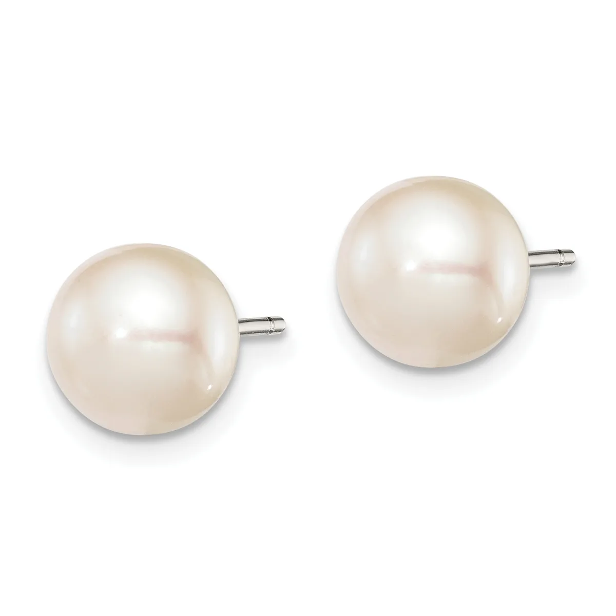 A pair of round white pearl stud earrings with silver posts and backs, displayed against a white background.