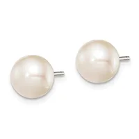 A pair of round white pearl stud earrings with silver posts and backs, displayed against a white background.