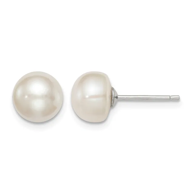 Pair of white pearl stud earrings with metal posts and backs, shown from front and side views.