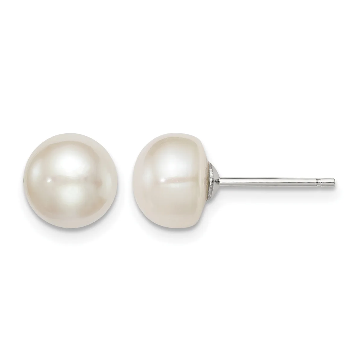 Pair of white pearl stud earrings with metal posts and backs, shown from front and side views.