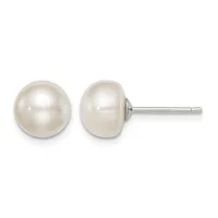 Pair of white pearl stud earrings with metal posts and backs, shown from front and side views.